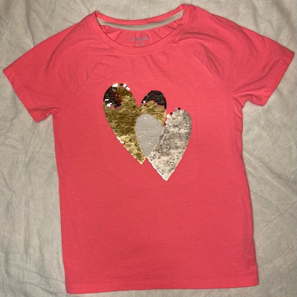 Cat & Jack Girl’s Sequins Heart Pink T-Shirt Sz Large